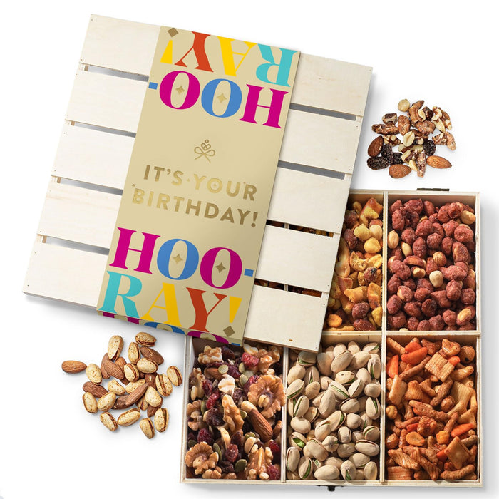 BONNIE AND POP - Nut Gift Basket | Healthy Gift of Assorted Nuts in Reusable Wood Crate | Large Variety Tray with Unique Flavors | Parties, Holidays, Birthday, Sympathy, Office, Thank You, Him, Her | Bonnie & Pop