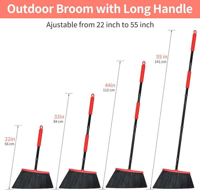 JEHONN Outdoor Broom Heavy Duty with 55 Inches Long Handle, Household Collapsible Angle Brush for Sweeping Indoor Kitchen Patio Shop Outside Garage Lobby Garden Deck Hardwood Floors