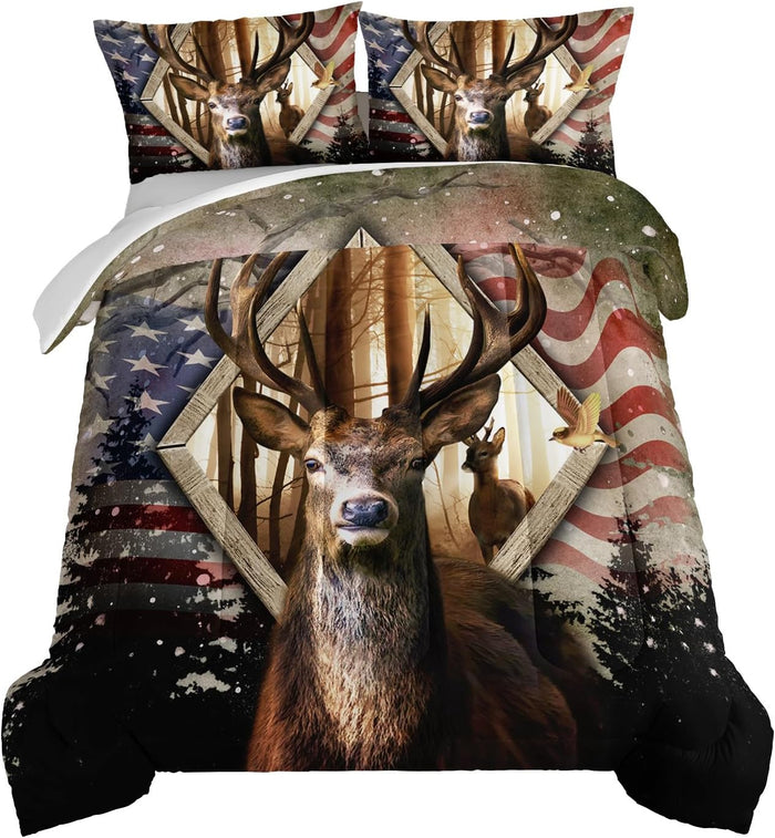 HOSIMA Deer Comforter Forest Hunting Bedding Sets for Teen Boys Mens Bedroom Essentials,Western Bedding Set Wildlife Animal Twin Bed in a Bag RV Inside Decor with 2 Pillowcases.