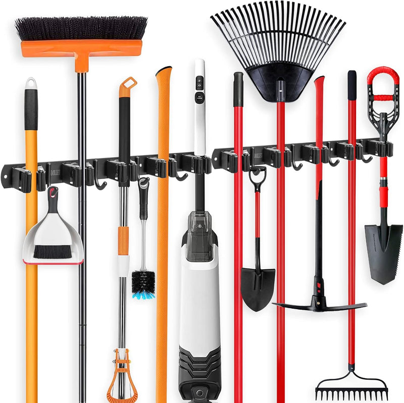 IMILLET Broom Holder Wall Mount, Broom Holder Stainless Steel Heavy Duty Garage Organization Broom Organizer Wall Mount Self Adhesive Laundry Room Organization and Storage（5 Racks and 4 Hooks）