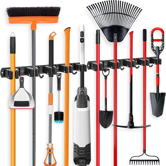 IMILLET Broom Holder Wall Mount, Broom Holder Stainless Steel Heavy Duty Garage Organization Broom Organizer Wall Mount Self Adhesive Laundry Room Organization and Storage（5 Racks and 4 Hooks）