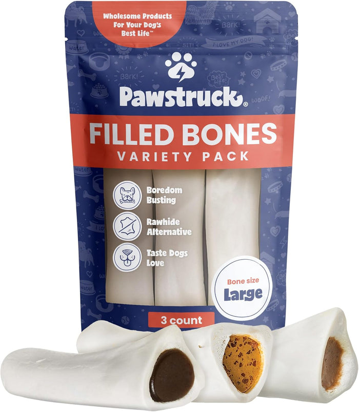 Pawstruck Large 5-6" Filled Dog Bones, Peanut Butter Flavor - Made in USA, Long Lasting Stuffed Femur for Aggressive Chewers, Dental Treat - Pack of 3, Packaging May Vary