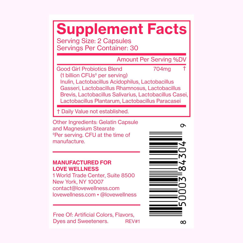 Love Wellness Good Girl Probiotics | Women’s Vaginal Health & pH Balance Supplement | Probiotic for Urinary Tract, Yeast, Odor & Immune Support | Gluten-Free | 30-Day Supply