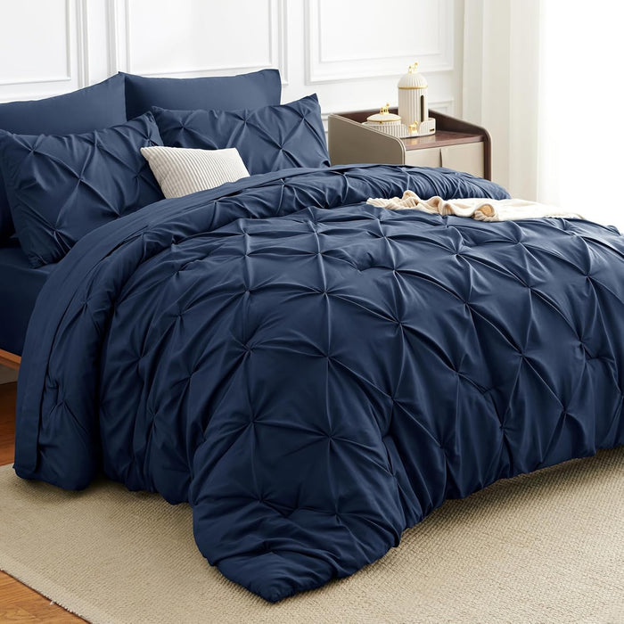 Full Comforter Set 7 Pieces Bed in A Bag Black Luxury Soft Full Size Bed Set Pintuck Pinch Pleat Bedding Sets with Comforter, Flat Sheet, Fitted Sheet and Pillowcases & Shams