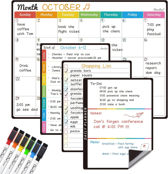 Magnetic Dry Erase Monthly Calendar Set - 14.5"x11" Monthly and Weekly Calendar, 6.5"x8.5" List Board for Fridge - 6 Extra Fine Point Markers Included - Shipped Flat
