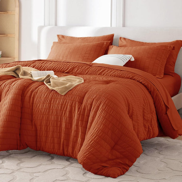 MUXHOMO 7 Pieces Queen Comforter Set, Seersucker Bed in a Bag Queen Size, All Season Luxury Bedding Set with Comforter, Flat Sheet, Fitted Sheet, Pillowcases & Shams, Pink