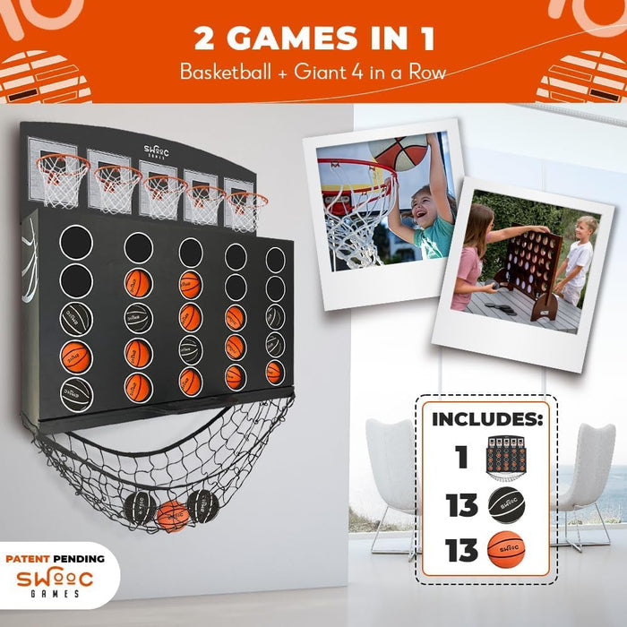 SWOOC Games - Low Post Lineup™ | Wall Mounted Giant Basketball 4 In A Row w/ 5+ Games | Basketball Hoop For Room Wall Games | Game Room Games | Mini Basketball Hoop Indoor Connect | Four In A Row Game