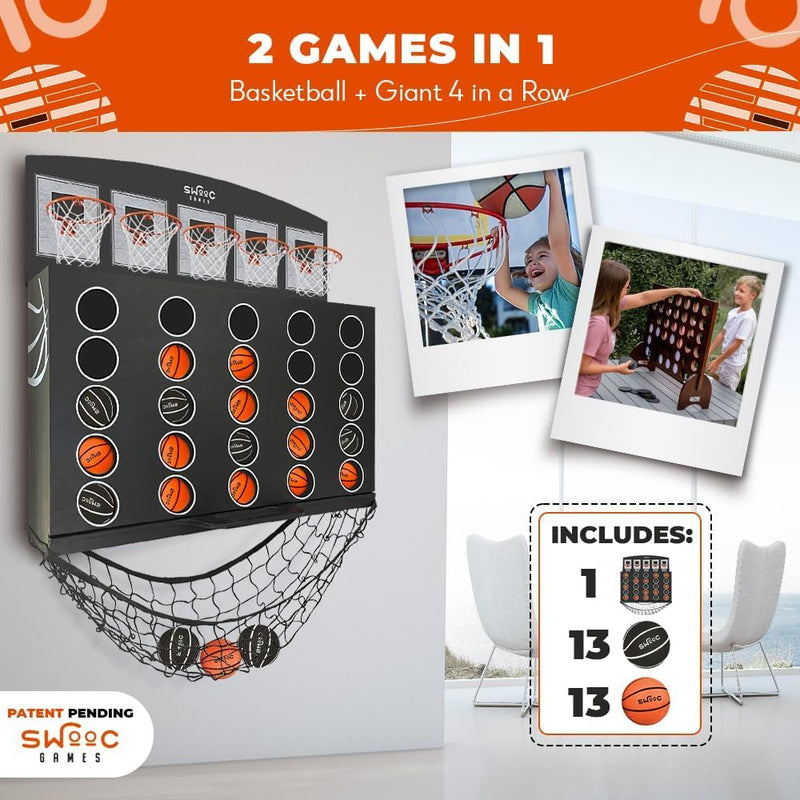 SWOOC Games - Low Post Lineup™ | Wall Mounted Giant Basketball 4 In A Row w/ 5+ Games | Basketball Hoop For Room Wall Games | Game Room Games | Mini Basketball Hoop Indoor Connect | Four In A Row Game