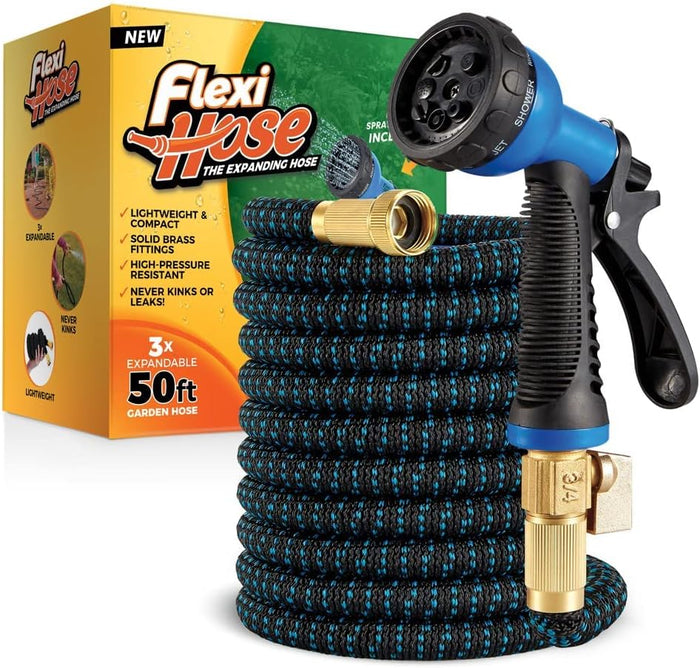 Flexi Hose PLUS with 8 Function Nozzle Expandable Garden Hose, Lightweight & No-Kink Flexible Garden Hose, 3/4 inch Solid Brass Fittings and Double Latex Core, 50 ft Black