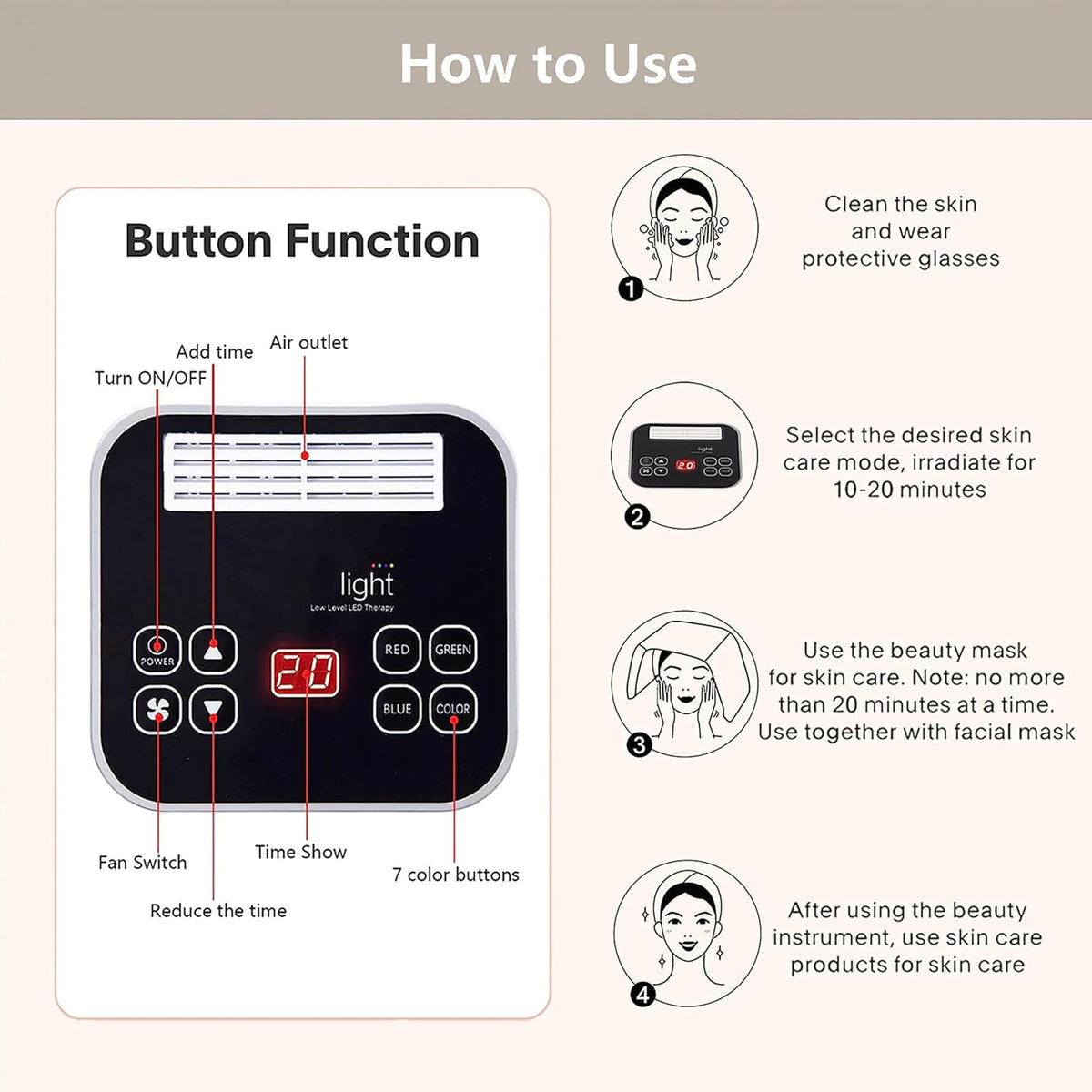 Led-Face-Tool，LED Light Therapy Facial Mask，7 in 1 Beauty Equipment for Skin Care at Home
