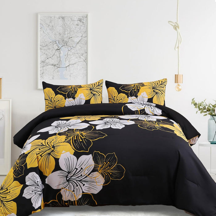 Menghomeus Black Comforter Set Queen Red and White Floral Comforter with 2 Pillowcases Modern Bedding Sets Lightweight Bed Set for All Season