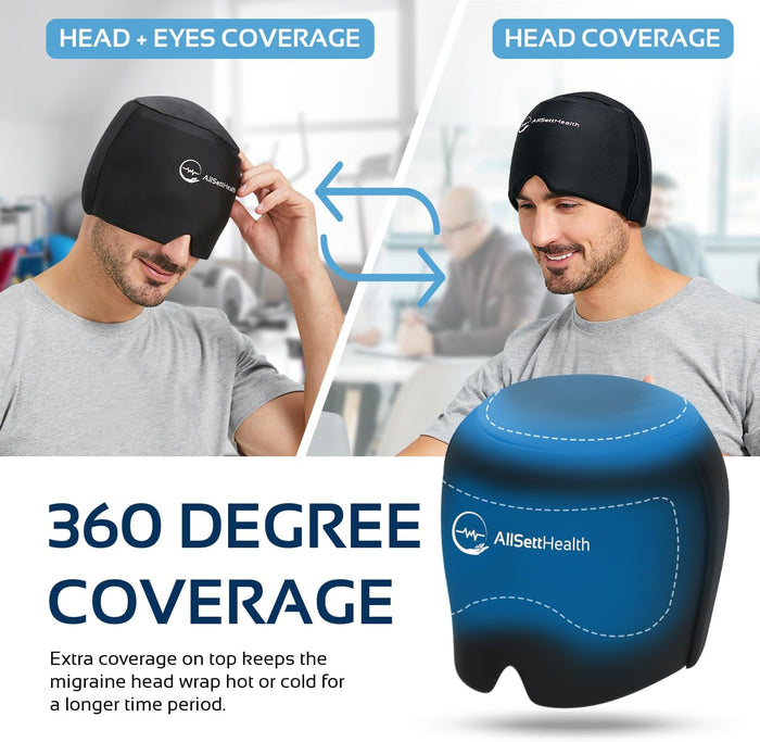 Migraine Relief Cap Ice Head Wrap and Hat | Hot/Cold Gel Pack with Face and Eye Mask Compress for Headache Relief - Black