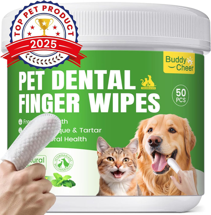 No-Rinse Dog Dental Care Wipes, Cat & Dog tooth brushing kit, Dog Wipes for Pet & Cat Teeth Cleaning, Dog toothbrush Finger Dental Wipes to Remove Plaque & Tartar, Disposable Dog Wipes - 50 Count