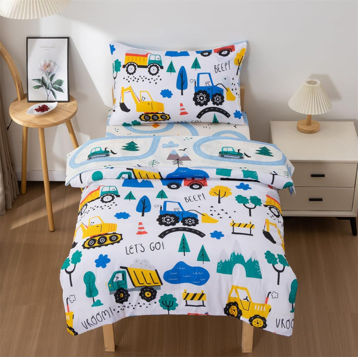 NTBED 4 Pieces Construction Toddler Bedding Set for Baby Boys,Tree Truck Vehicles Excavator Cars Printed, Includes Comforter, Flat Sheet, Fitted Sheet and Pillowcase,Light Grey