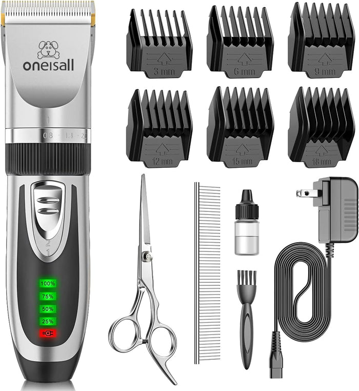oneisall Dog Clippers Low Noise, 2-Speed Quiet Dog Grooming Kit Rechargeable Cordless Pet Hair Clipper Trimmer Shaver for Small and Large Dogs Cats Animals (Gold)