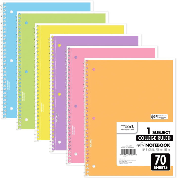 Mead Spiral Notebook, 6 Pack, 1 Subject, College Ruled Paper, 7-1/2" x 10-1/2", 70 Sheets per Notebook, Assorted Bright Colors (830050-ECM)