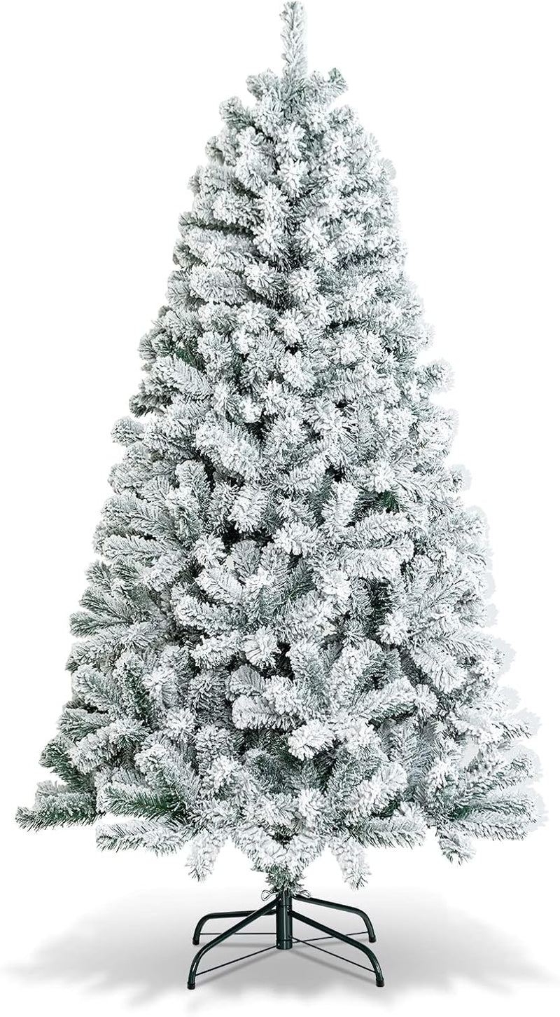 Goplus 6ft Pre-Lit Artificial Christmas Tree, Premium PVC Snow Flocked Hinged Pine Tree with Metal Stand and LED Lights, Perfect Xmas Decoration for Indoor and Outdoor