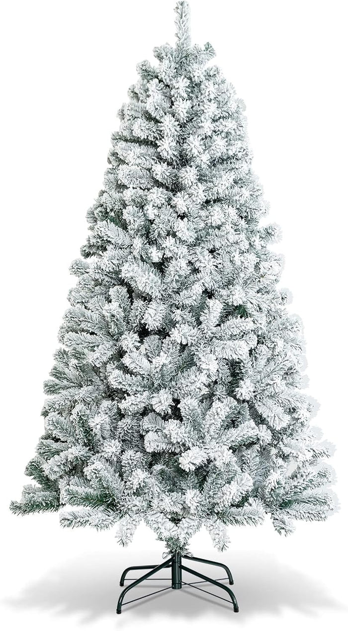 Goplus 6ft Pre-Lit Artificial Christmas Tree, Premium PVC Snow Flocked Hinged Pine Tree with Metal Stand and LED Lights, Perfect Xmas Decoration for Indoor and Outdoor