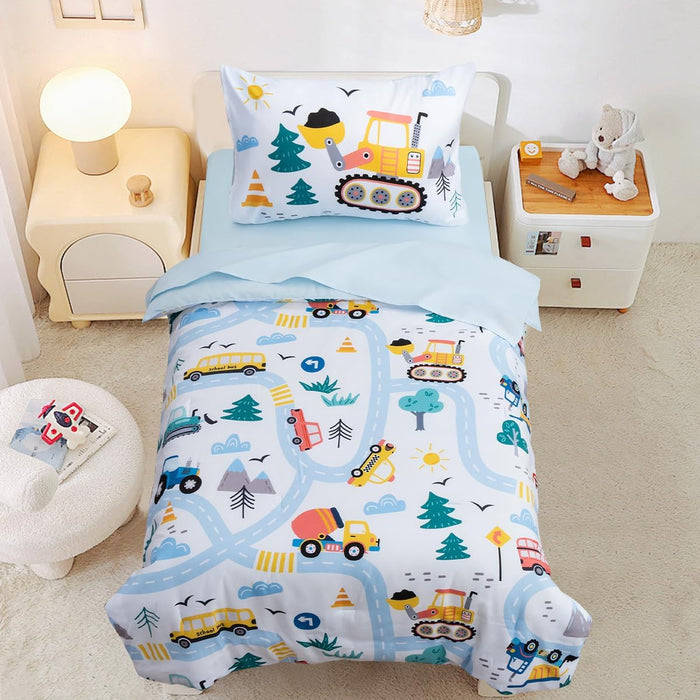 NTBED 4 Pieces Construction Toddler Bedding Set for Baby Boys,Tree Truck Vehicles Excavator Cars Printed, Includes Comforter, Flat Sheet, Fitted Sheet and Pillowcase,Light Grey