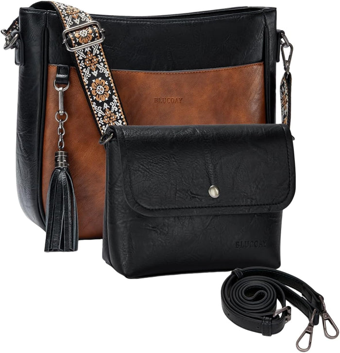 Blucoay 2PCS Crossbody Bags Purses for Women Set,Vegan Leather Hobo Bags Wallet Set,Shoulder Handbags With 2 Adjustable Strap