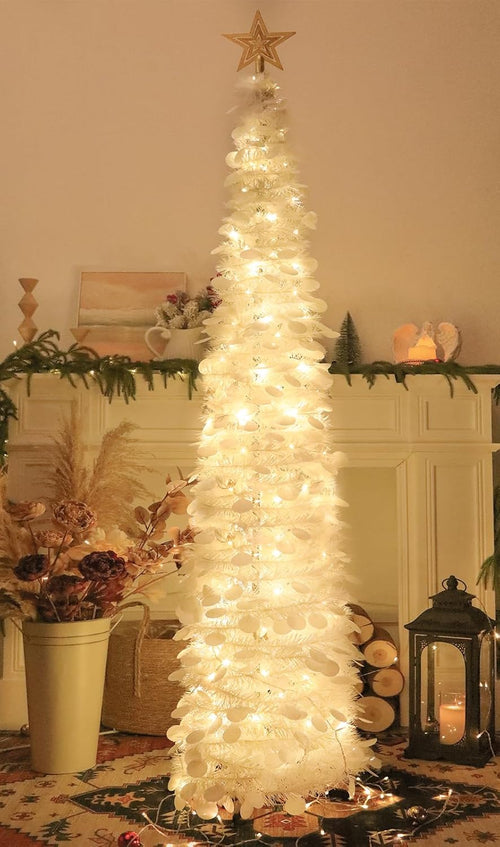 6 FT Pop Up Christmas Tree with 100 LED Timer Lights & Remote, White Collapsible Christmas Tinsel Tree Artificial Pencil Tree Xmas Decoration for Holiday Home Office Party, USB Powered
