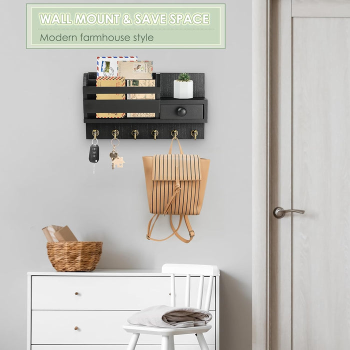 VIS'V Key Holder Wall Mount, Wooden Mail and Key Organizer with Drawer and Shelf, 2 Slots, 6 Hooks, Black