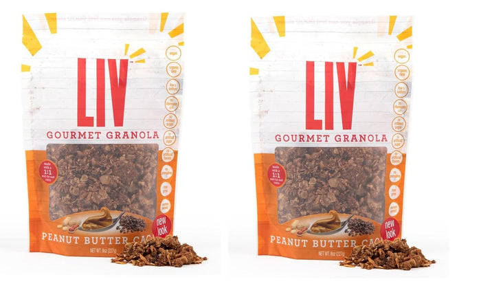 Liv Gourmet Peanut Butter Cacao Granola - 8oz (Pack of 2) | Healthy, Nutrient-Dense Snack, Breakfast Cereal | 1:1 Nut-to-Oat Ratio | Non-GMO, Low Sugar, Vegan | Organic Oats, No Artificial Ingredients, No Seed Oils, Lightly Sweetened, Women-Owned