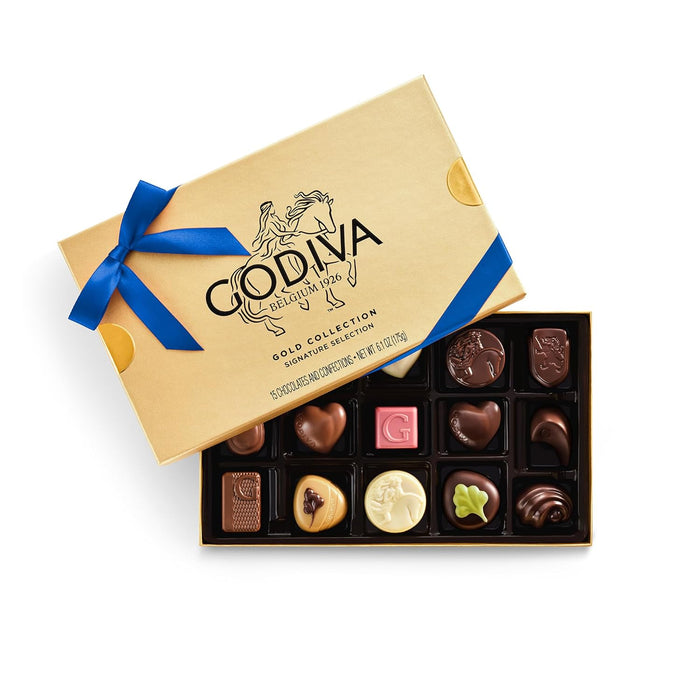 Godiva Navy Bow Gold Assorted Chocolate Gift Box, Dark and Milk Chocolates with Pralinés, Ganaches & Caramels, Gourmet Hanukkah Gift, Non-GMO & Kosher, 30 Pc