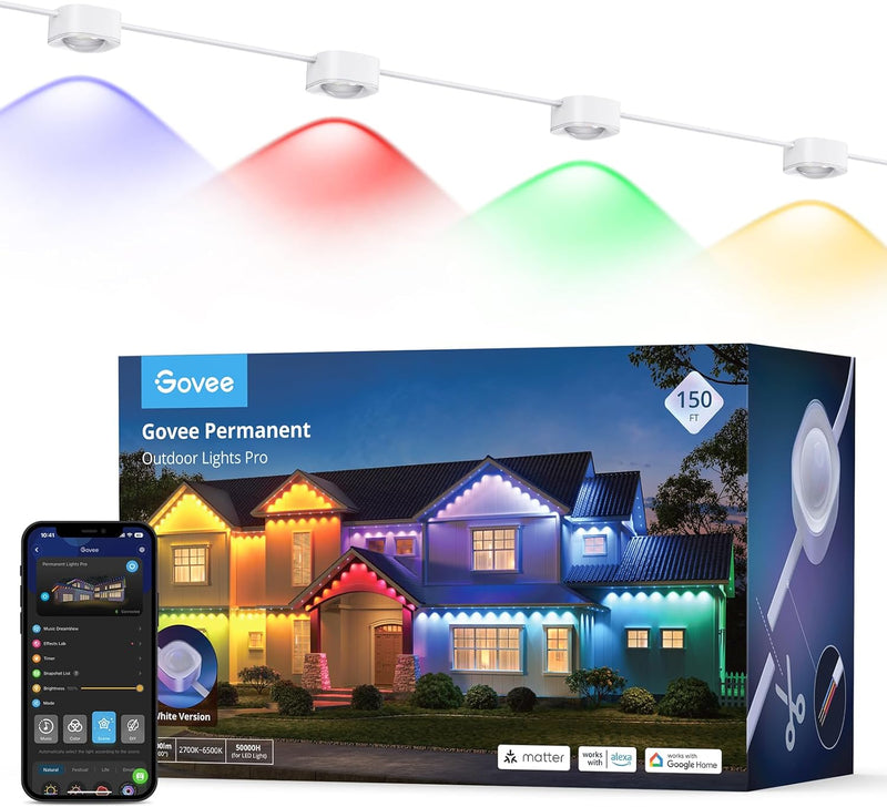 Govee Permanent Outdoor Lights Pro, 200ft with 120 RGBIC LED Lights for Daily and Accent Lighting, 75 Scene Modes for Outdoor Decor, IP67 Waterproof, Works with Alexa, Google Assistant, Matter, White