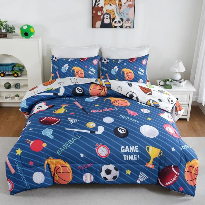 Sports Bedding Set Twin for Boys Navy Blue Comforter Set Baseball Football Soccer Basketball Bed Sets 5 Pcs Bed in A Bag with Sheets