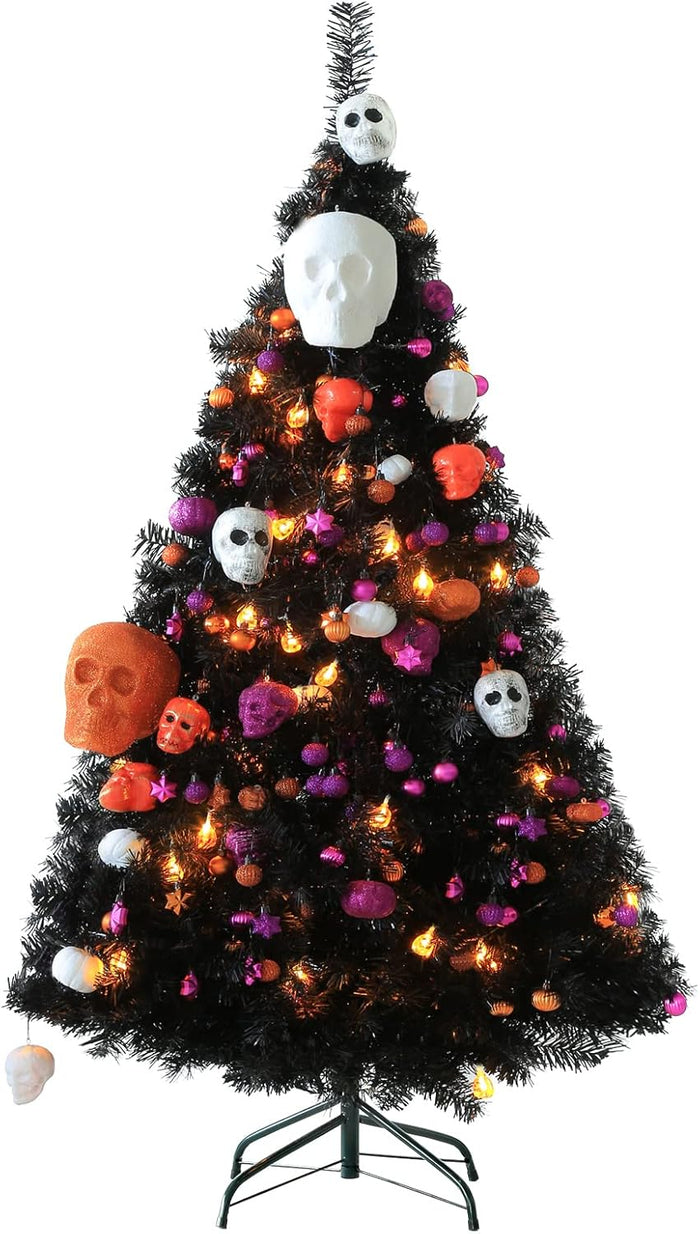 6 ft pre-lit Decorated Christmas Tree, 200 LED Warm Lights, pop-up Christmas Tree, Gold and red, PVC lit Christmas Tree