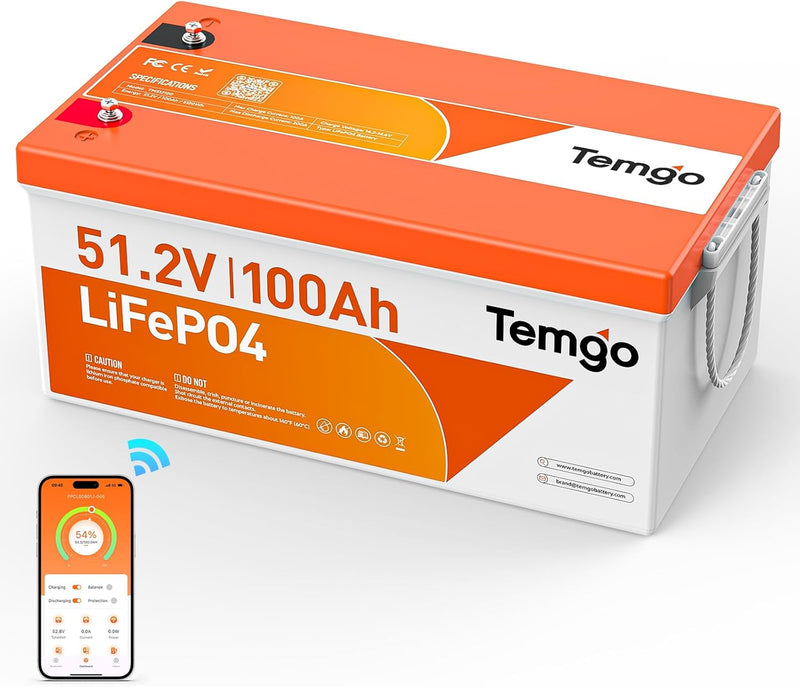 TEMGO 12V 300Ah Self-Heating LiFePO4 Lithium Battery with Smart Touch Screen & Bluetooth App, Built-in 200A BMS, 2560W Power, 5000+ Cycles, for RV, Camper, Solar, Off-Grid