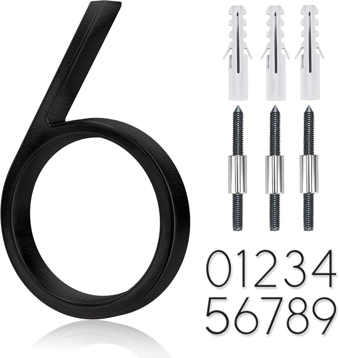 5" Stainless Steel Floating House Number, Metal Modern House Numbers, Mailbox Decor Number with Nail Kit, Coated Black, 911 Visibility Signage (6) or (9)