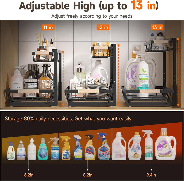 2 Packs Under Sink Organizer, High Adjustable 2 Tier Under Kitchen sink organizer, Multi-Purpose Storage Shelf for Kitchen Bathroom Cabinet (Black)