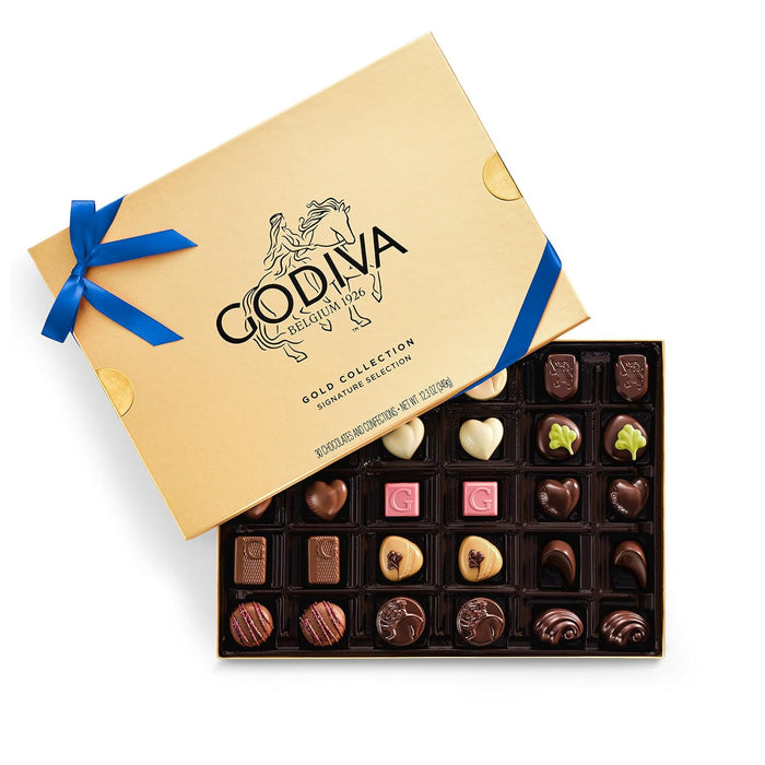 Godiva Navy Bow Gold Assorted Chocolate Gift Box, Dark and Milk Chocolates with Pralinés, Ganaches & Caramels, Gourmet Hanukkah Gift, Non-GMO & Kosher, 30 Pc