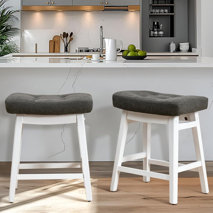Counter Height Bar Stools Set of 3 for Kitchen Counter Farmhouse Modern Barstools with Faux Leather Upholstered Backless Seat and Solid Wood Legs 24 inch Bar Chairs, Grey + White