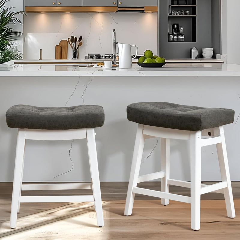 Counter Height Bar Stools Set of 3 for Kitchen Counter Farmhouse Modern Barstools with Faux Leather Upholstered Backless Seat and Solid Wood Legs 24 inch Bar Chairs, Grey + White