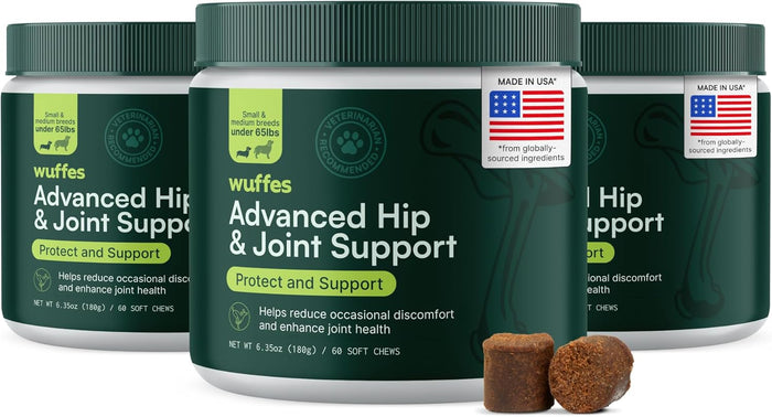 Wuffes Advanced Dog Hip and Joint Supplement with Glucosamine, Chondroitin, Omega 3, MSM, and Green Lipped Mussel, 60 Pork Flavored Chews for Small and Medium Dog Breeds