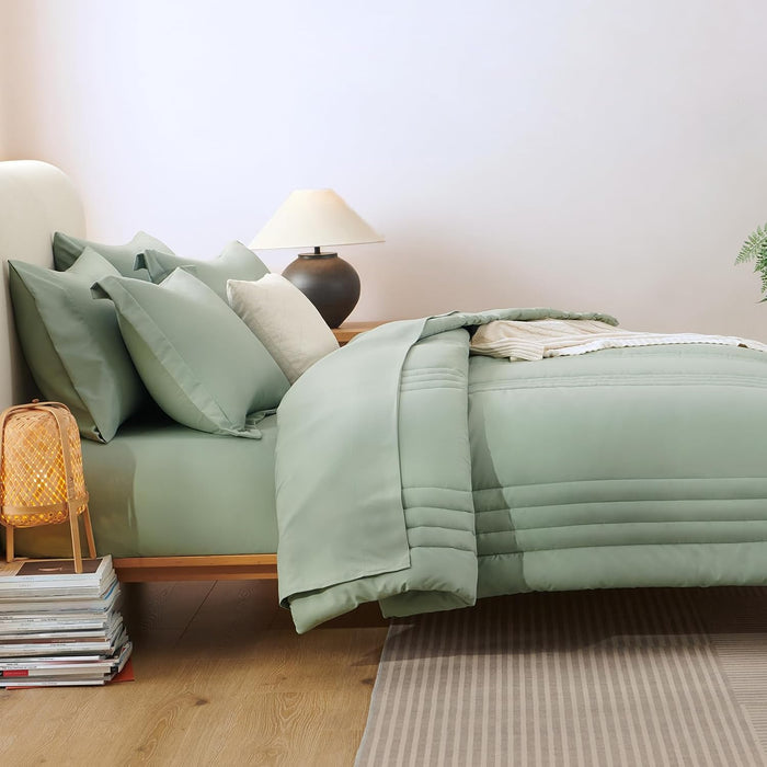 CozyLux Queen Comforter Set - 7 Pieces Bed in a Bag Sage Green Comforters Queen Size Bed Set, Soft Bedding Set with All Seasons Comforter, Sheets, Pillowcases & Shams
