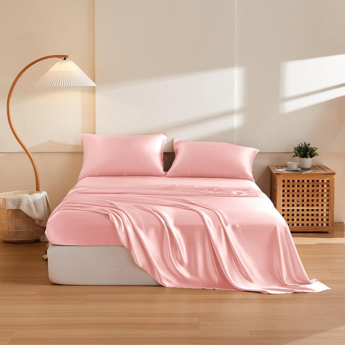 THXSILK Silk Sheet Set 4Pcs, 6A+ Top Grade 100% Natural Mulberry Silk Bed Sheets, Luxury Bedding Sets Ultra Soft Durable, 1 Fitted Sheet, 1 Flat Sheet and 2 Pillow Shams (King, Charming Pink)