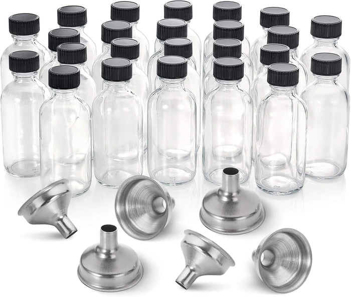 12 Pack, 2 oz Small Clear Glass Bottles w/Lid & 3 Funnels - 60ml Boston Shot Bottles for Health, Immunity, Potion, Wellness, Sample, Ginger, Juice - Mini Personal Care & Beauty Travel Bottle