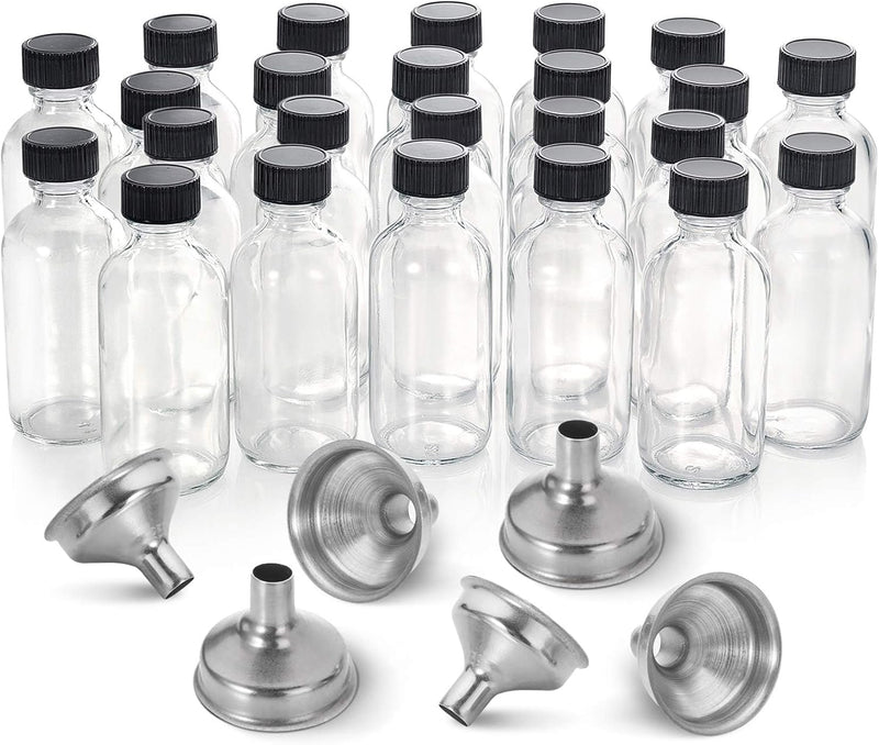 12 Pack, 2 oz Small Clear Glass Bottles w/Lid & 3 Funnels - 60ml Boston Shot Bottles for Health, Immunity, Potion, Wellness, Sample, Ginger, Juice - Mini Personal Care & Beauty Travel Bottle