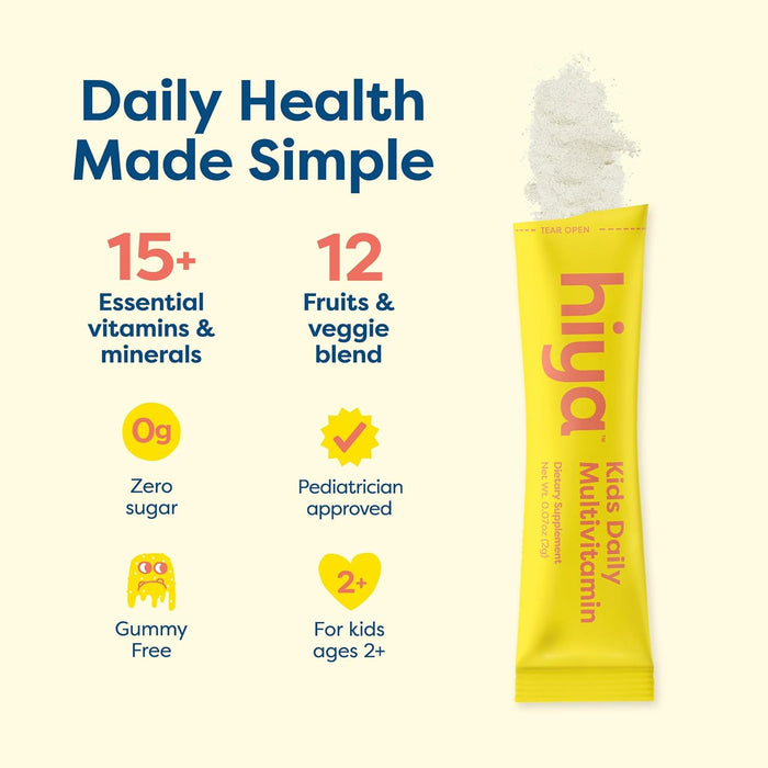 HIYA Kids Multivitamin – 15+ Essential Vitamins & Minerals with Fruits & Veggies for Ages 2+, Supports Growth, Development & Immune, 0g Sugar – 20 Stick Packs for Toddlers & Kids