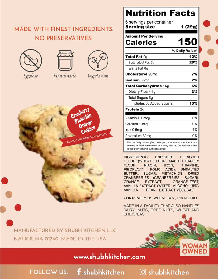 Cranberry Pistachio Orange Cookies- Holiday Gourmet Cookies, 100% Egg-Free & Vegetarian, Handmade Bakery-Style with Real Butter & Orange Zest, No Preservatives, 6 oz Pack Festive & Delicious Gift