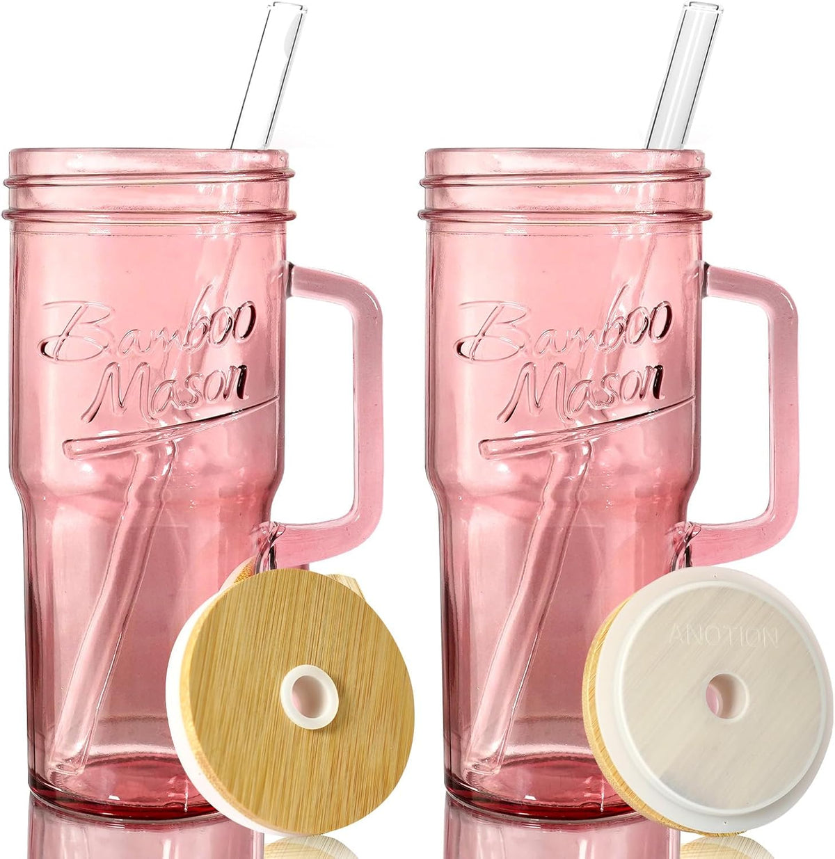 ANOTION Glass Cups with Lids and Straws - 24 oz Tumbler with Handle Halloween Coffee Cups Glass Straws Mason Jar Cups Drinking Set Kitchen Essentials Coffee Bar House Warming Gifts New Home