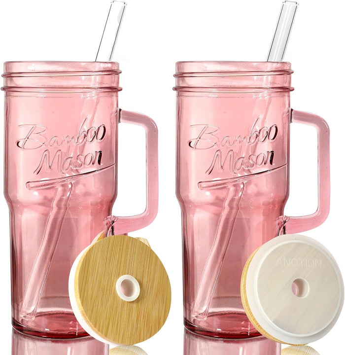 ANOTION Glass Cups with Lids and Straws - 24 oz Tumbler with Handle Halloween Coffee Cups Glass Straws Mason Jar Cups Drinking Set Kitchen Essentials Coffee Bar House Warming Gifts New Home
