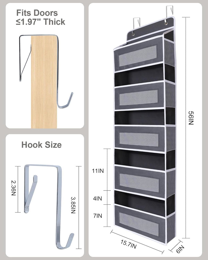 Over The Door Organizer 44LB Capacity with 5 Large Pockets & 10 Mesh Side Pockets, Clear Window Anti-Tilt Hanging Storage for Nursery, Bathroom, Pantry - Dark Grey, 1 Pack