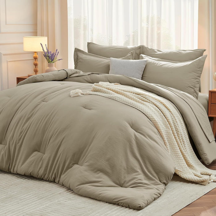 MUXHOMO 7 Pieces Queen Comforter Set, Soft Bed in a Bag Queen Size, All Season Bedding Set with Comforter, Flat Sheet, Fitted Sheet, Pillowcases & Shams, Ivory
