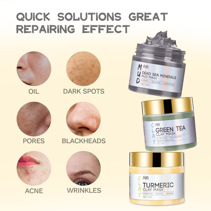 ANAI RUI 3Pcs Face Mask Set, Turmeric Clay Mask - Green Tea Face Mask - Dead Sea Minerals Mud Mask, Holiday Gift Set, Stocking Stuffers for Women &Teen Girls, Self Care Gifts for Women 2.5 oz each