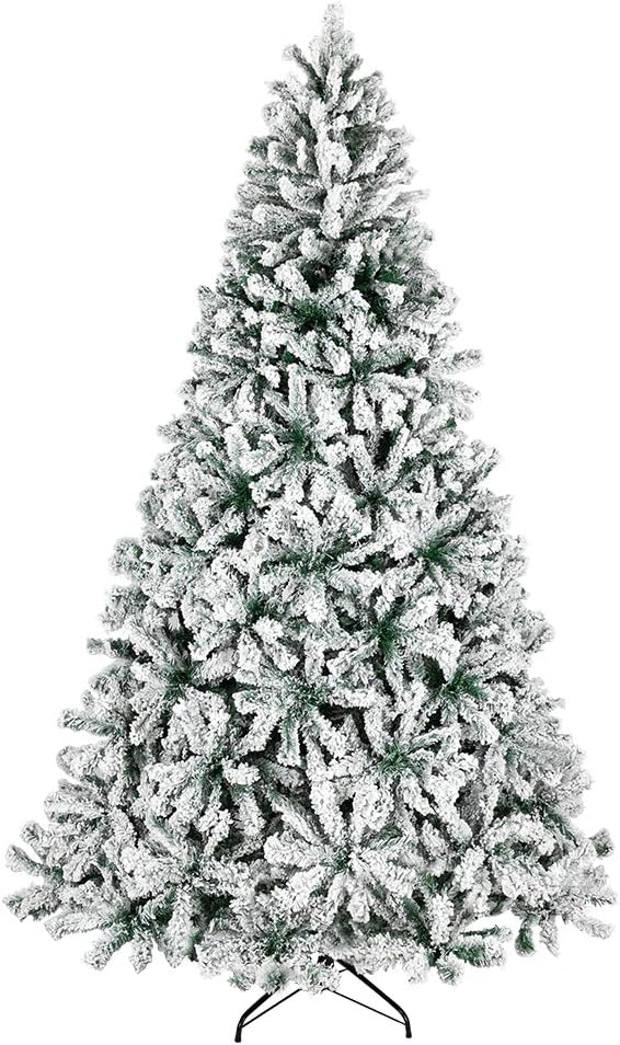 Bonnlo 7.5 ft Unlit Snow Flocked Hinged Artificial Christmas Pine Tree Full 1450 Tips Branch w/Sturdy Metal Stand for Holiday Xmas Indoor and Outdoor Decoration